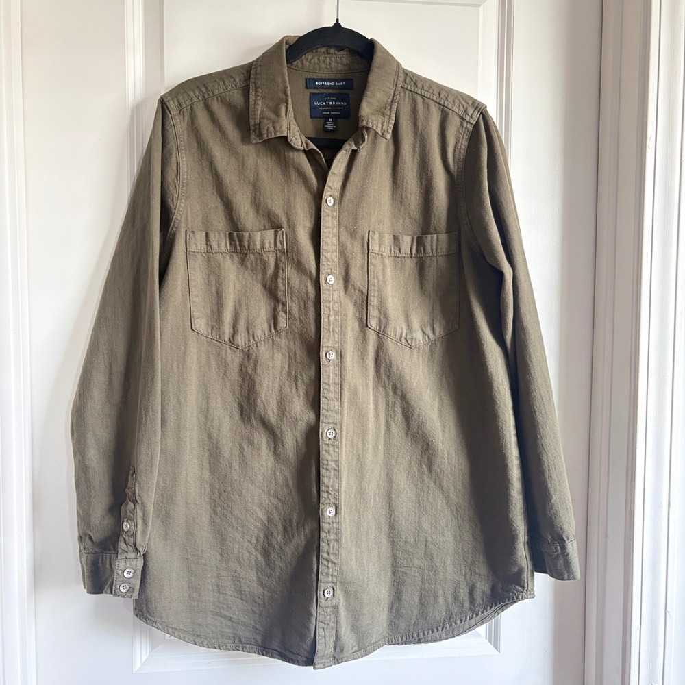 Lucky Brand‎ Womens Boyfriend Button Down Shirt Olive Green Cotton Utility Top M